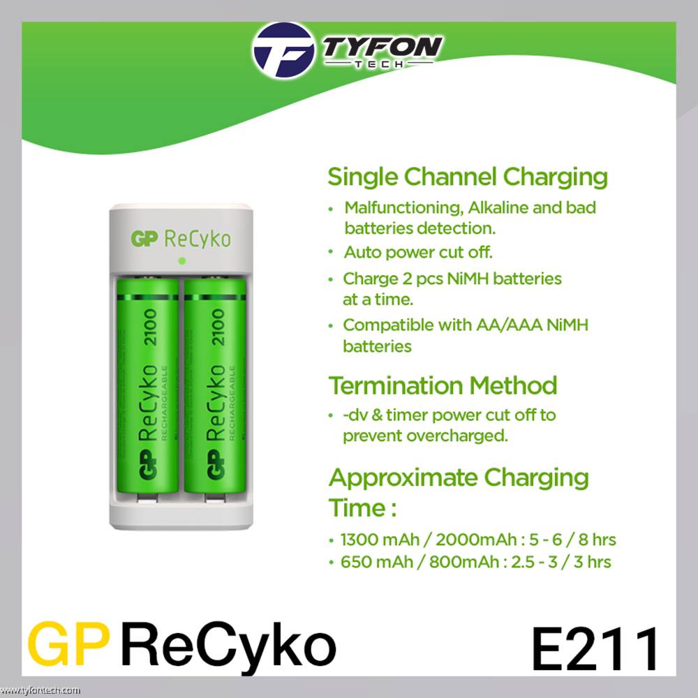GP ReCyko E211 Rechargeable NiMH Battery Charger 2 Slot AA 2100mAh