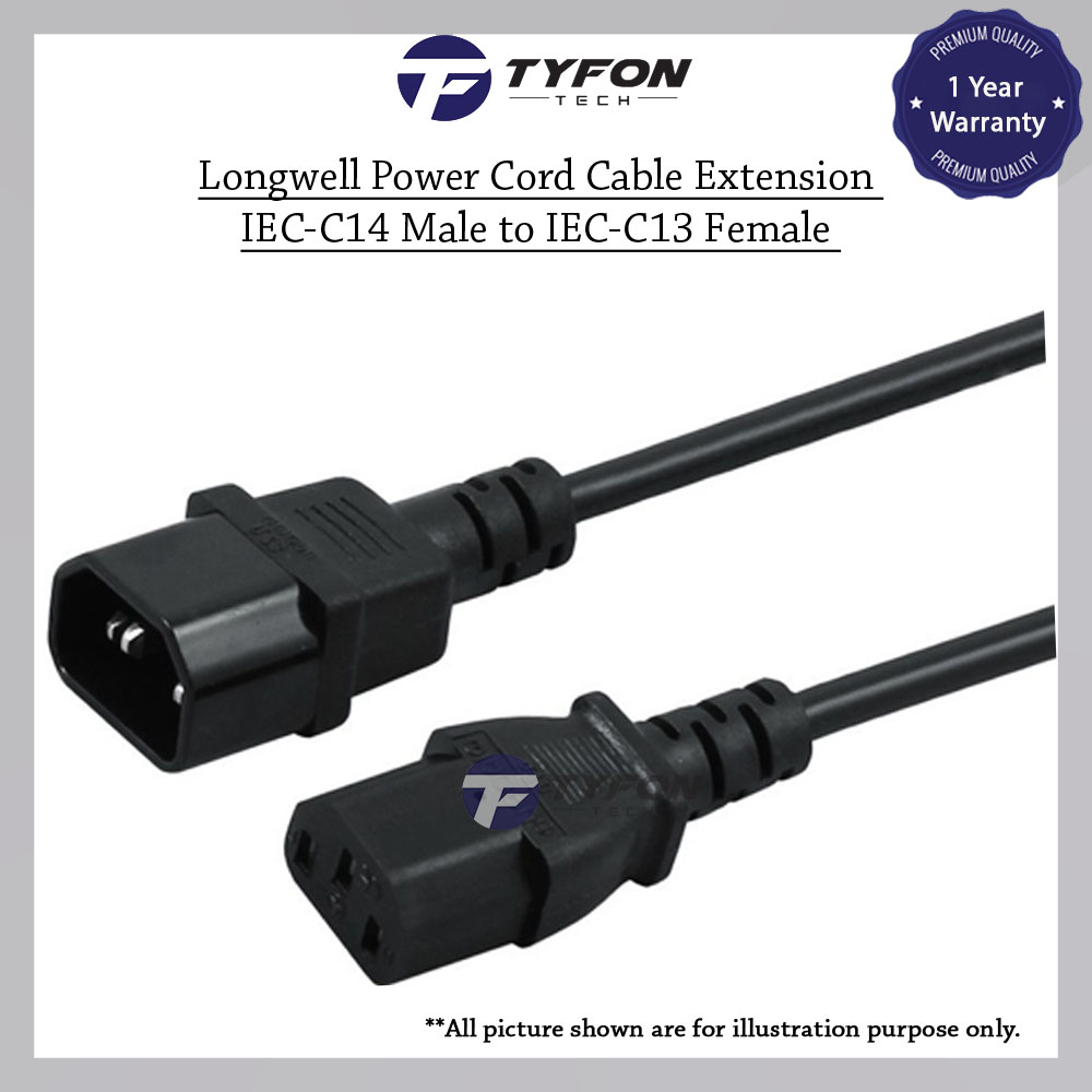 Longwell Power Cord Cable Extension IECC14 Male to IECC13 Female 1M